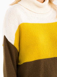 WOMEN'S LONG SLEEVE TURTLE NECK COLORBLOCK KNIT PULLOVER SWEATER