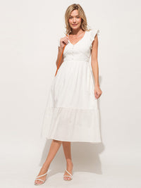 WOMEN'S RUFFLE SLEEVE V-NECK SMOCK TIERED MIDI DRESS