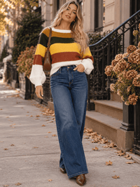 WOMEN'S LONG SLEEVES PULLOVER COLORBLOCK STRIPES KNIT SWEATER