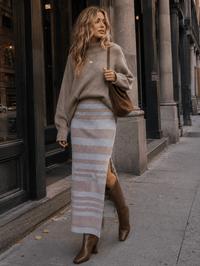 WOMEN'S ELASTIC WAIST STRIPE SHIMMER COLORBLOCK KNIT MAXI SKIRT