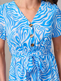 WOMEN'S SHORT SLEEVES BUTTON UP ELASTIC WAIST ZEBRA PRINT MAXI DRESS