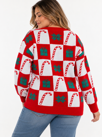 PLUS SIZE LONG SLEEVE HOLIDAY PRINT PULLOVER SWEATER