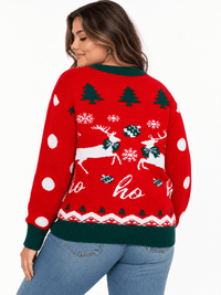 PLUS SIZE LONG SLEEVE HOLIDAY PRINT PULLOVER SWEATER