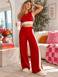 WOMEN'S SLEEVELESS CROP TOP & ELASTIC WAIST WIDE LEG PANTS COLORBLOCK 2PC. SET