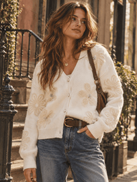 WOMEN'S LONG SLEEVE V-NECK BUTTON UP FUZZY FLOWERS SWEATER