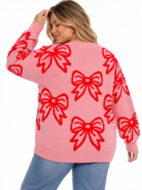 PLUS SIZE LONG SLEEVE BOWS GRAPHIC PULLOVER SWEATER