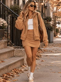 WOMEN'S LONG SLEEVE ZIP UP HOODED SWEATER & ELASTIC WAIST MINI SKORTS 2PC. SET