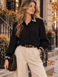 WOMEN'S LONG SLEEVE BUTTON UP EMBROIDERY TRIM DETAILED BLOUSE