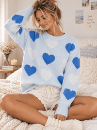 WOMEN'S LONG SLEEVE HEARTS PRINT PULLOVER COLORBLOCK SWEATER
