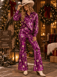 WOMEN'S LONG SLEEVE BUTTON UP TOP & ELASTIC WAIST BELL LEG PANTS STARS SEQUINS 2PC. SET