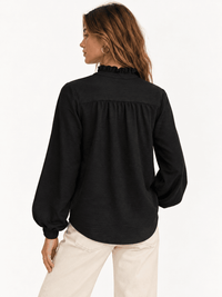 WOMEN'S LONG SLEEVE RUFFLE NECK BUTTON UP BLOUSE