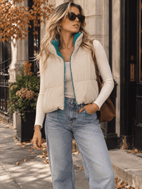 WOMEN'S SLEEVELESS ZIP UP FRONT POCKETS ADJUSTABLE WAIST REVERSABLE PUFFER VEST