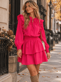 WOMEN'S LONG SLEEVE SMOCK WAIST RUFFLE TIERED FIT & FLARE MINI DRESS