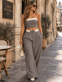 WOMEN'S SLEEVELESS CROP TOP & BUTTON CLOSURE WIDE LEG PANTS 2PC.SET