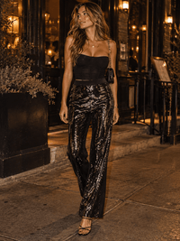 WOMEN'S ELASTIC WAIST RIBBED SEQUINS WIDE LEG PANTS
