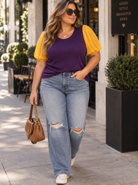 PLUS SIZE SHORT SLEEVE COLORBLOCK CONTRAST BLOUSE