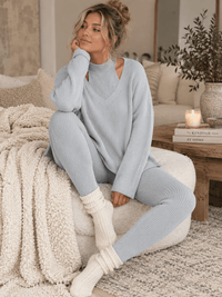 WOMEN'S LONG SLEEVE SWEATER WITH HALTER NECK TANK TOP & ELASTIC WAIST SKINNY LEG PANTS RIBBED 3PC. SET
