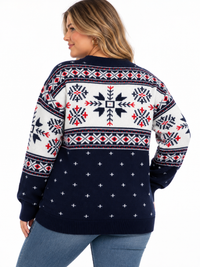 PLUS SIZE LONG SLEEVE HOLIDAY PRINT PULLOVER SWEATER