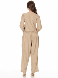 WOMEN'S LONG SLEEVE BUTTON UP BLOUSE & ELASTIC WAIST WIDE LEG PANTS CROCHET DETAILED 2PC. SET