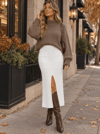WOMEN'S ELASTIC WAIST FRONT SLIT POCKETS KNIT MAXI SKIRT