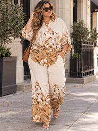 PLUS SIZE 3/4 SLEEVE BUTTON UP BLOUSE & ELASTIC WAIST WIDE LEG PANTS FLORAL 2PC. SET