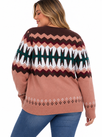 PLUS SIZE LONG SLEEVE MULTI PRINT PULLOVER SWEATER