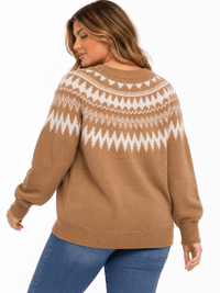 PLUS SIZE LONG SLEEVE HOLIDAY PRINT PULLOVER SWEATER