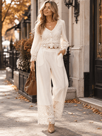 WOMEN'S LONG SLEEVE BUTTON UP BLOUSE & ELASTIC WAIST WIDE LEG PANTS CROCHET DETAILED 2PC. SET