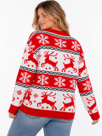 PLUS SIZE LONG SLEEVE HOLIDAY PRINT PULLOVER SWEATER