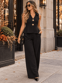 WOMEN'S SLEEVELESS BUTTON UP BLOUSE & BUTTON CLOSURE WIDE LEG PANTS 2PC. SET