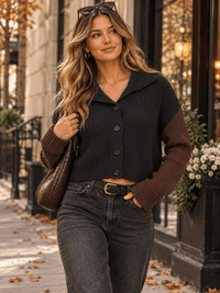 WOMEN'S LONG SLEEVE BUTTON UP TURTLE NECK RIBBED COLORBLOCK SWEATER