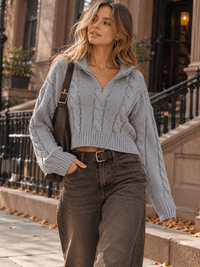 WOMEN'S LONG SLEEVE ZIP UP CABLE KNIT PULLOVER SWEATER