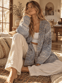 WOMEN'S LONG SLEEVE OPEN FRONT POCKETS COLORBLOCK KNIT CARDIGAN