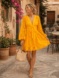 BEULAH WOMEN'S LONG SLEEVE V-NECK CROCHET MINI DRESS