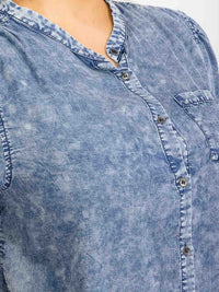 PLUS SIZE SHORT PUFF SLEEVE BUTTON UP WASHED CHAMBRAY BLOUSE