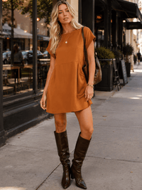 ENTRO WOMEN'S SHORT SLEEVE FRONT POCKETS LOOSE FIT MINI DRESS