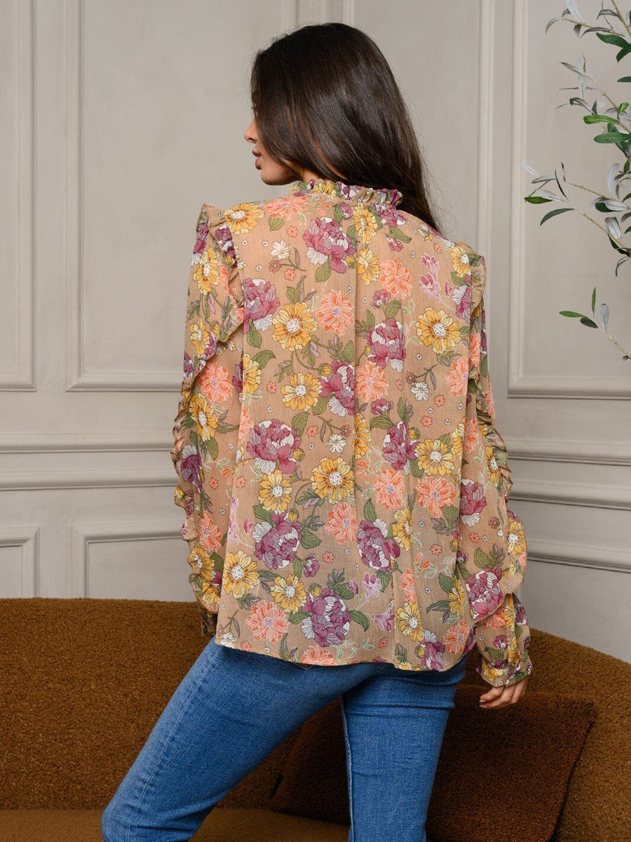 Long Flared Sleeve Flower Applique Irregular Ruffle Top main image 0