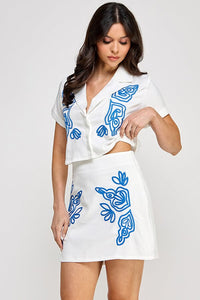 *****WOMEN'S SHORT SLEEVE BUTTON UP BLOUSE & ZIP UP MINI SKIRTS EMBROIDERY 2PC. SET