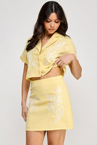 *****WOMEN'S SHORT SLEEVE BUTTON UP BLOUSE & ZIP UP MINI SKIRTS EMBROIDERY 2PC. SET