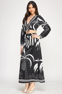 WOMEN'S LONG SLEEVE CROP TOP & ELASTIC WAIST MAXI SKIRTS PRINT 2PC. SET