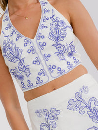 WOMEN'S HALTER NECK TOP & ZIP UP MINI SKIRT FLOWER EMBROIDERY 2PC. SET