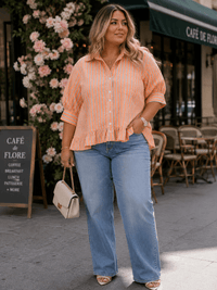 PLUS SIZE 3/4 SLEEVE BUTTON UP COLLAR RUFFLE BOTTOM HEM COLORBLOCK STRIPES BLOUSE