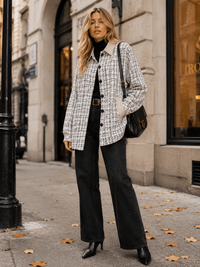 WOMEN'S LONG SLEEVE BUTTON CLOSURE FRONT POCKETS TWEED JACKET
