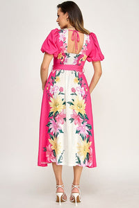 WOMEN'S SHORT PUFF SLEEVE BUTTON BELTED FLORAL PRINT MAXI DRESS