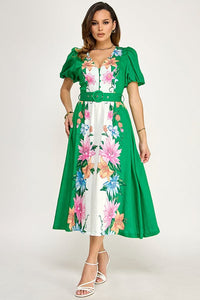 WOMEN'S SHORT PUFF SLEEVE BUTTON BELTED FLORAL PRINT MAXI DRESS