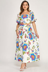WOMEN'S SHORT SLEEVE CROP TOP & ELASTIC WAIST MAXI SKIRTS FLORAL 2PC. SET