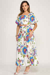 WOMEN'S SHORT SLEEVE CROP TOP & ELASTIC WAIST MAXI SKIRTS FLORAL 2PC. SET