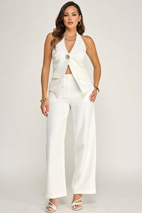 WOMEN'S HALTER NECK BUTTON CLOSURE TOP & BUTTON CLOSURE POCKETS WIDE LEG PANTS 2PC. SET