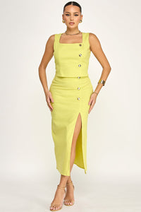 WOMEN'S SLEEVELESS SQUARE NECK BLOUSE & ZIP UP SLIT MAXI SKIRTS 2PC. SET