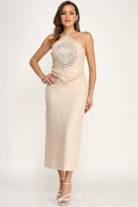 WOMEN'S SLEEVELESS HALTER NECK OPEN BACK CROCHET DETAILED MAXI DRESS